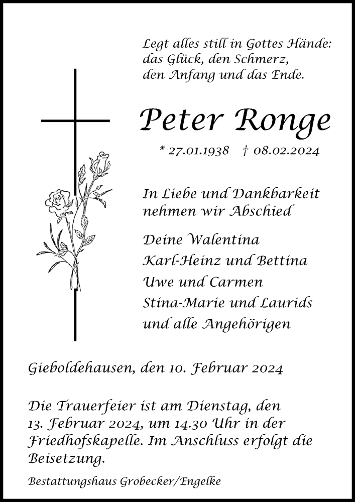  Traueranzeige für Peter Ronge vom 10.02.2024 aus Eichsfelder Tageblatt