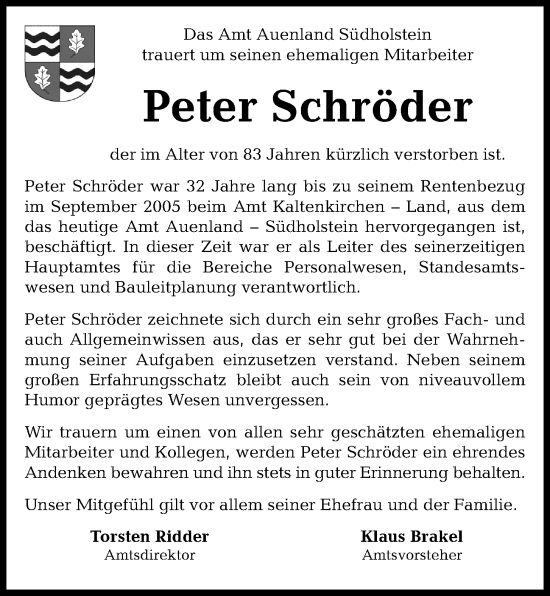 Traueranzeige von Peter Schröder von Kieler Nachrichten