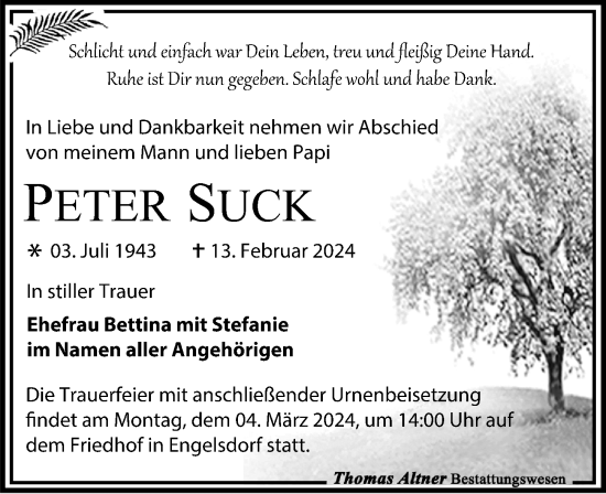 Traueranzeige von Peter Suck von Leipziger Volkszeitung