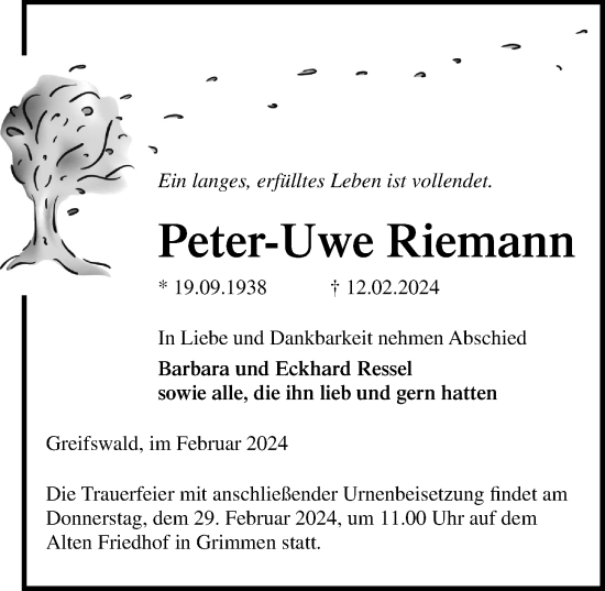 Traueranzeige von Peter-Uwe Riemann von Ostsee-Zeitung GmbH