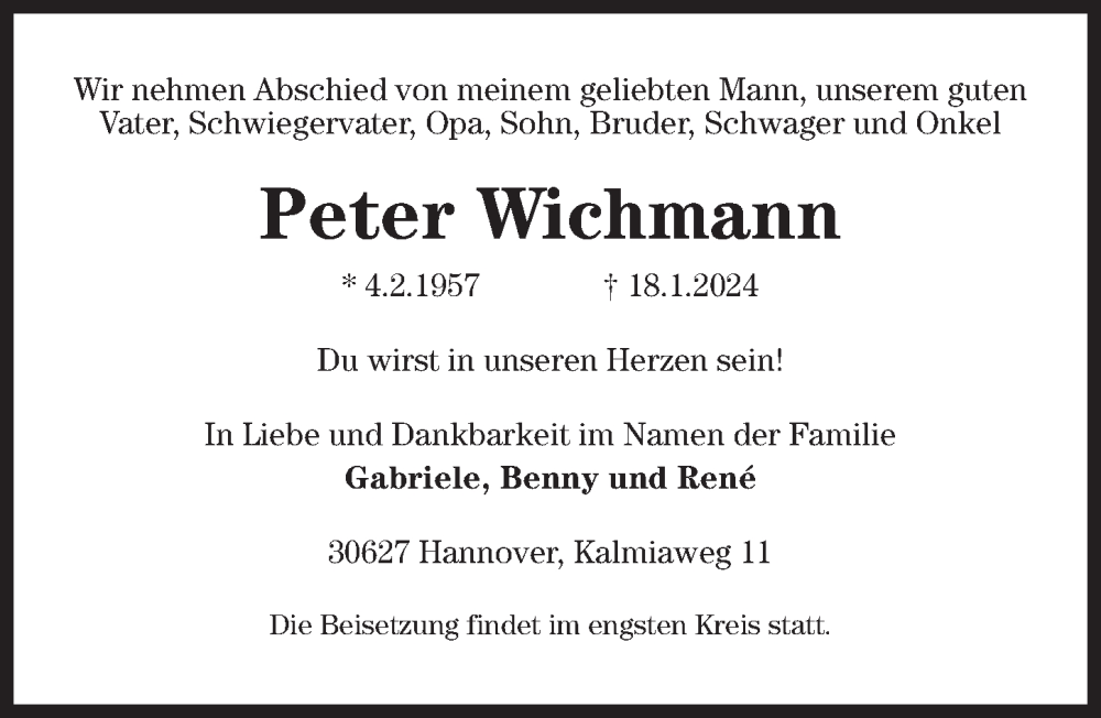 Traueranzeigen von Peter Wichmann | trauer-anzeigen.de