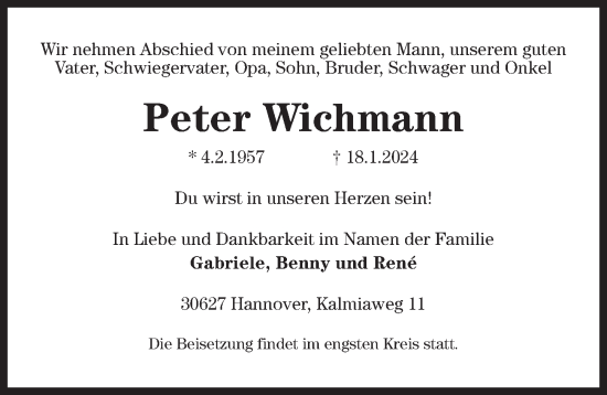 Traueranzeige von Peter Wichmann von Hannoversche Allgemeine Zeitung/Neue Presse