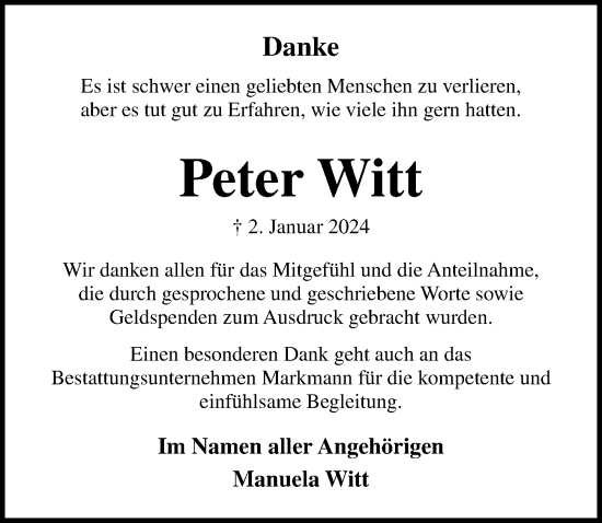 Traueranzeige von Peter Witt von Lübecker Nachrichten