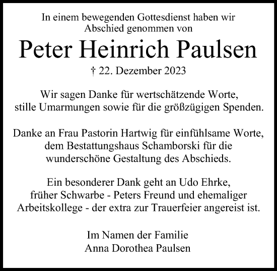 Traueranzeige von Peter Heinrich Paulsen von Ostsee-Zeitung GmbH