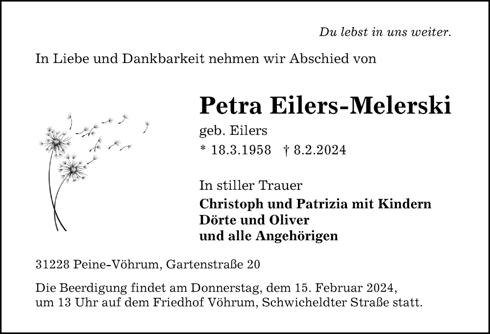  Traueranzeige für Petra Eilers-Melerski vom 13.02.2024 aus Peiner Allgemeine Zeitung