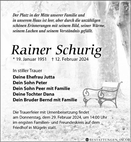 Traueranzeige von Rainer Schurig von Leipziger Volkszeitung