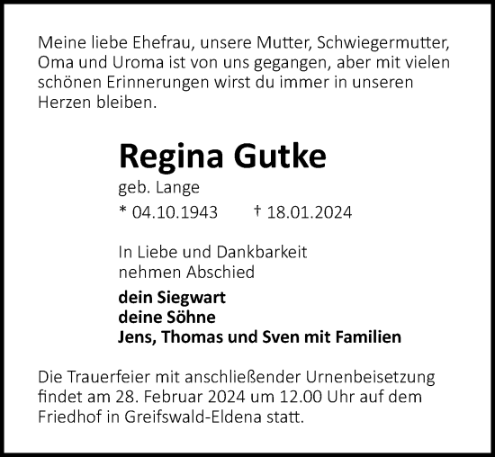 Traueranzeige von Regina Gutke von Ostsee-Zeitung GmbH