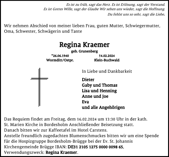 Traueranzeige von Regina Kraemer von Kieler Nachrichten