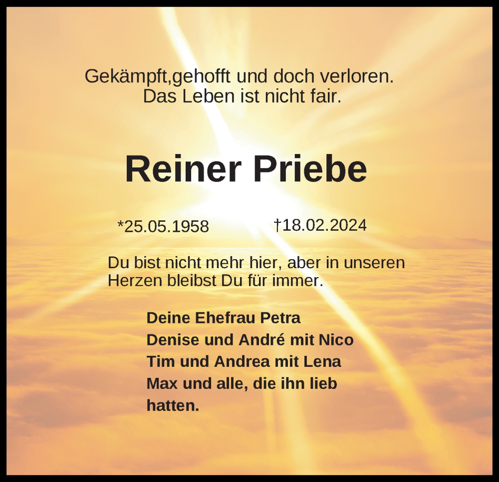  Traueranzeige für Reiner Priebe vom 24.02.2024 aus Peiner Allgemeine Zeitung