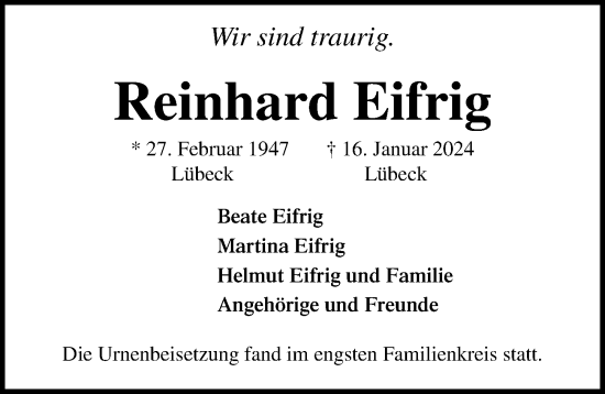 Traueranzeige von Reinhard Eifrig von Lübecker Nachrichten