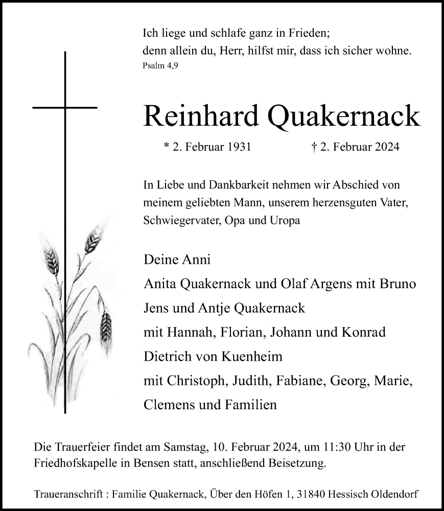  Traueranzeige für Reinhard Quakernack vom 07.02.2024 aus Schaumburger Zeitung/ Landes-Zeitung