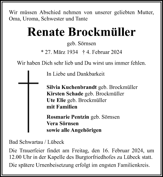 Traueranzeige von Renate Brockmüller von Lübecker Nachrichten