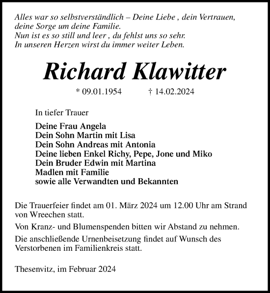 Traueranzeige von Richard Klawitter von Ostsee-Zeitung GmbH
