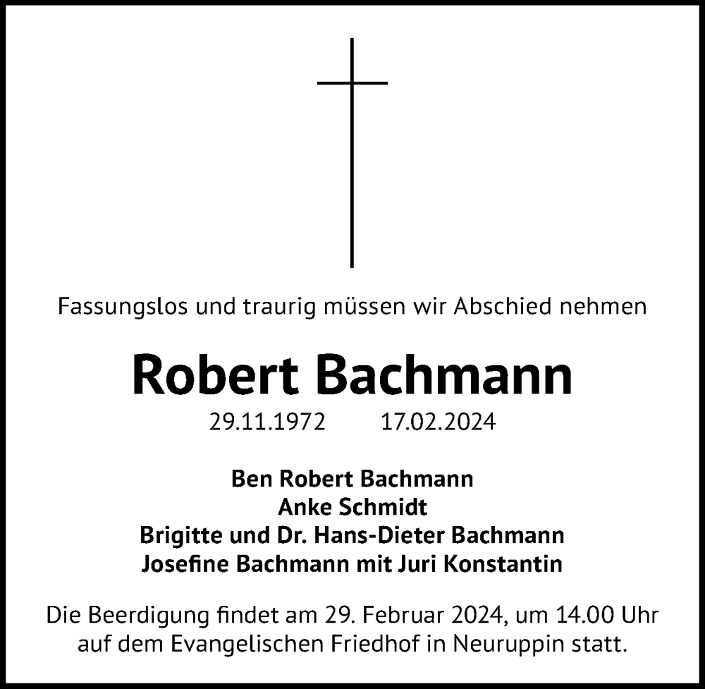  Traueranzeige für Robert Bachmann vom 24.02.2024 aus Märkischen Allgemeine Zeitung