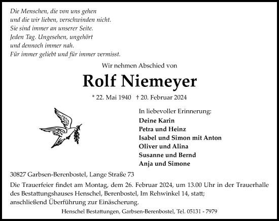 Traueranzeige von Rolf Niemeyer von Hannoversche Allgemeine Zeitung/Neue Presse