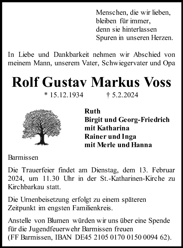  Traueranzeige für Rolf Gustav Markus Voss vom 09.02.2024 aus Kieler Nachrichten