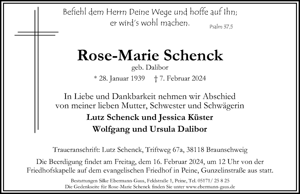  Traueranzeige für Rose-Marie Schenck vom 10.02.2024 aus Peiner Allgemeine Zeitung