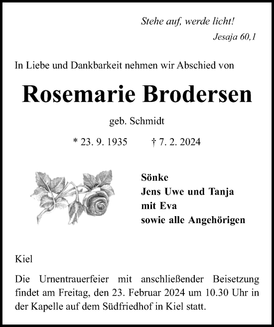 Traueranzeige von Rosemarie Brodersen von Kieler Nachrichten