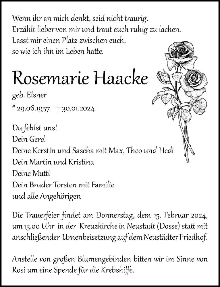  Traueranzeige für Rosemarie Haacke vom 03.02.2024 aus Märkischen Allgemeine Zeitung