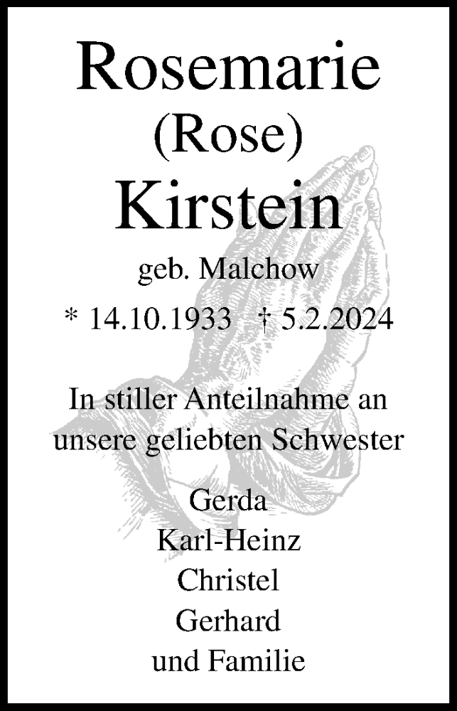  Traueranzeige für Rosemarie Kirstein vom 11.02.2024 aus Lübecker Nachrichten