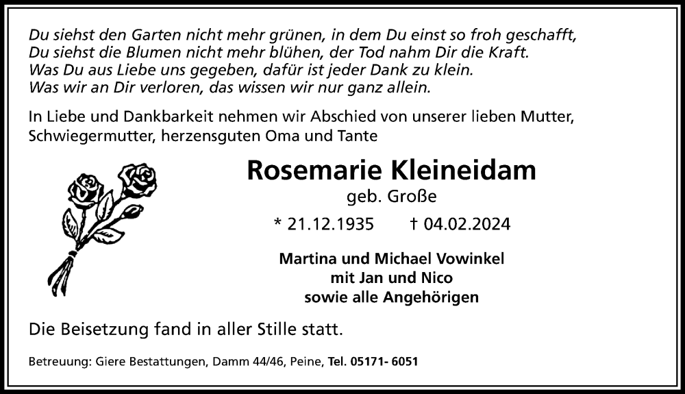  Traueranzeige für Rosemarie Kleineidam vom 10.02.2024 aus Peiner Allgemeine Zeitung