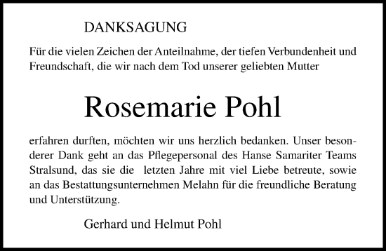 Traueranzeige von Rosemarie Pohl