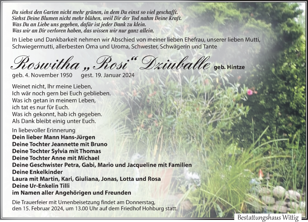  Traueranzeige für Roswitha Dziuballe vom 03.02.2024 aus Leipziger Volkszeitung