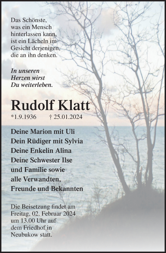 Traueranzeige von Rudolf Klatt von Ostsee-Zeitung GmbH