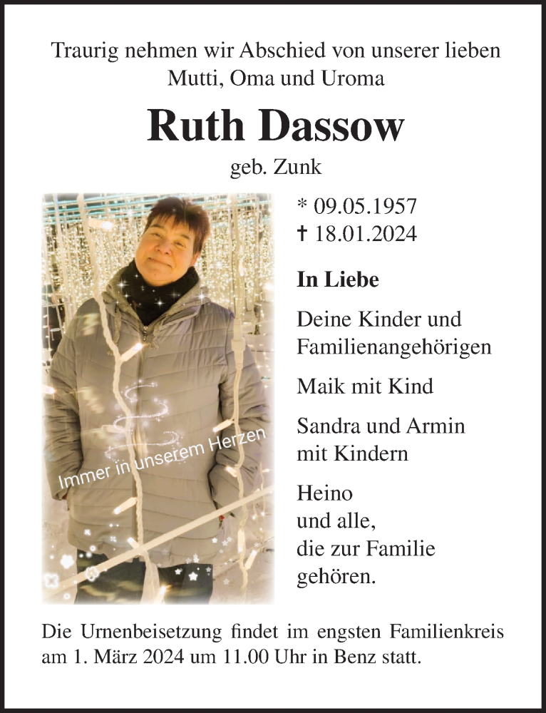  Traueranzeige für Ruth Dassow vom 29.02.2024 aus Ostsee-Zeitung GmbH