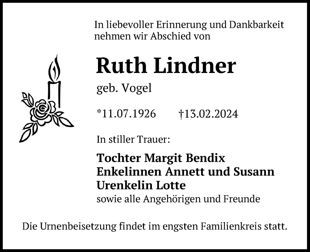  Traueranzeige für Ruth Lindner vom 17.02.2024 aus Leipziger Volkszeitung