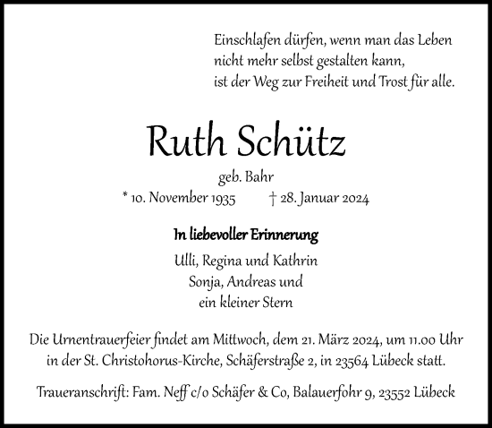 Traueranzeige von Ruth Schütz von Lübecker Nachrichten