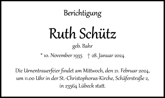 Traueranzeige von Ruth Schütz von Lübecker Nachrichten