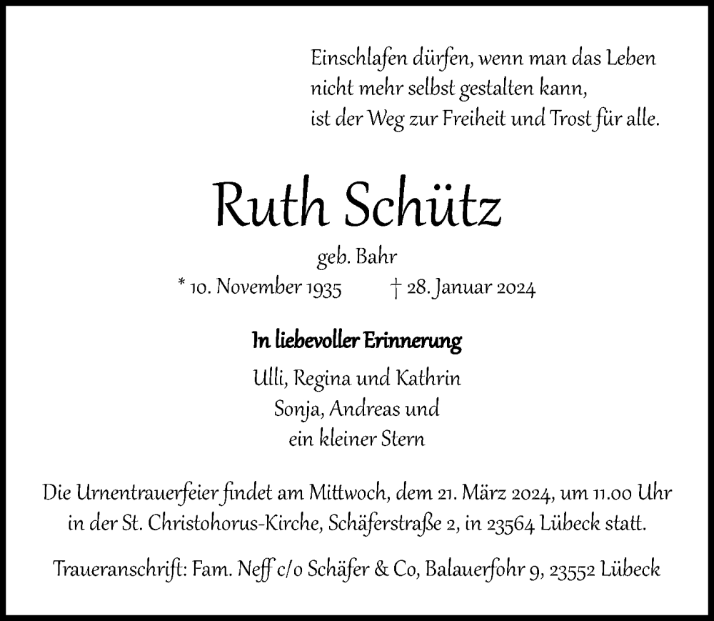  Traueranzeige für Ruth Schütz vom 11.02.2024 aus Lübecker Nachrichten