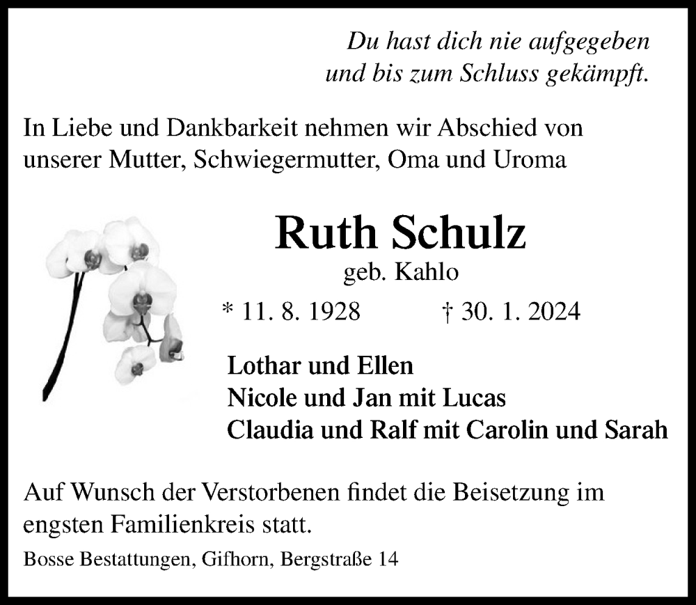  Traueranzeige für Ruth Schulz vom 10.02.2024 aus Aller Zeitung