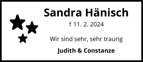 Traueranzeige von Sandra Hänisch von Hannoversche Allgemeine Zeitung/Neue Presse