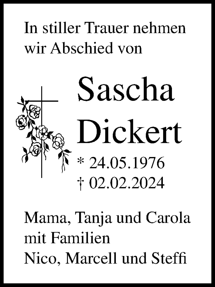  Traueranzeige für Sascha Dickert vom 04.02.2024 aus Lübecker Nachrichten