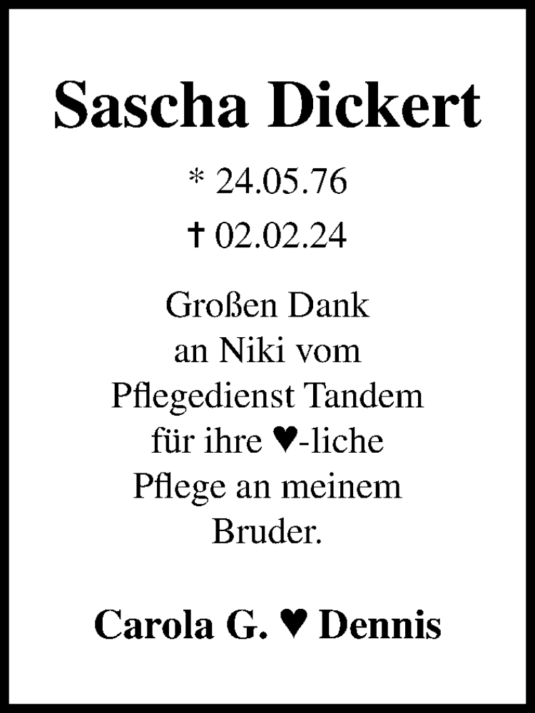  Traueranzeige für Sascha Dickert vom 07.02.2024 aus Lübecker Nachrichten