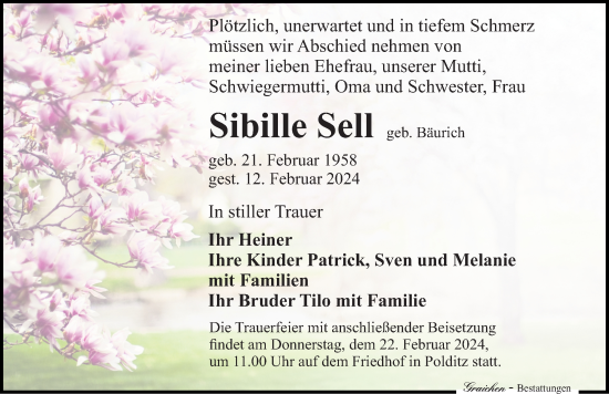 Traueranzeige von Sibille Sell von Leipziger Volkszeitung