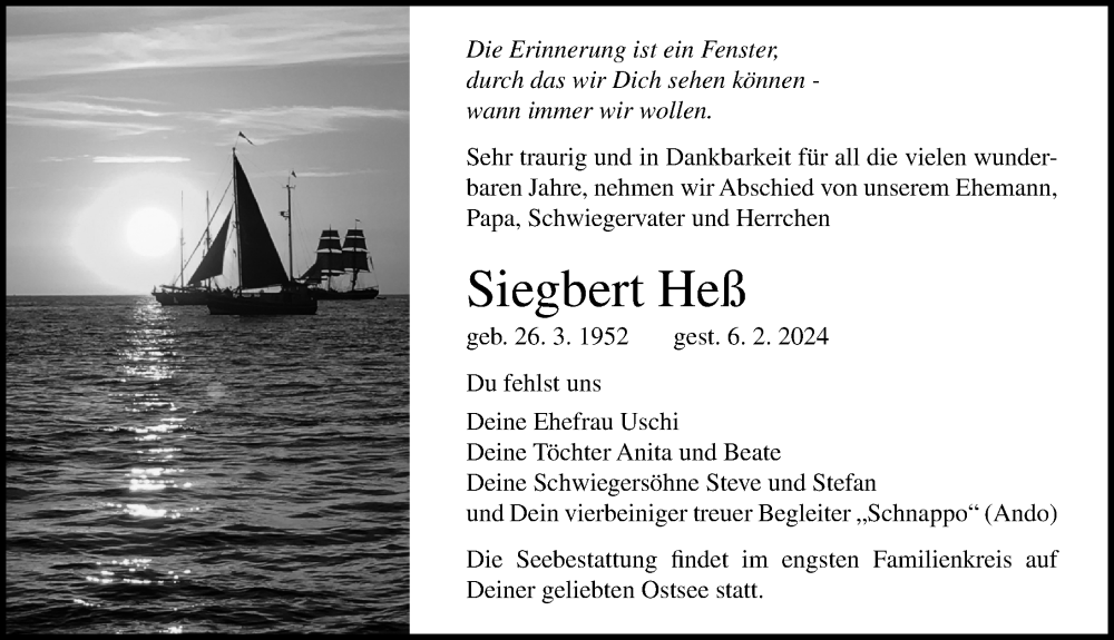  Traueranzeige für Siegbert Heß vom 10.02.2024 aus Ostsee-Zeitung GmbH