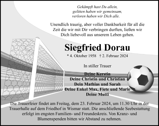 Traueranzeige von Siegfried Dorau von Ostsee-Zeitung GmbH