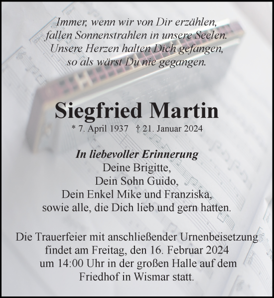 Traueranzeige von Siegfried Martin von Ostsee-Zeitung GmbH