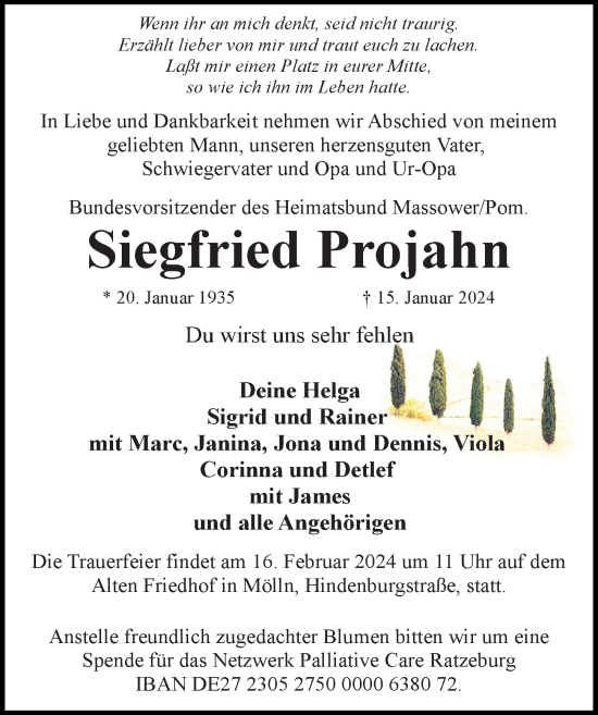 Traueranzeige von Siegfried Projahn von Lübecker Nachrichten