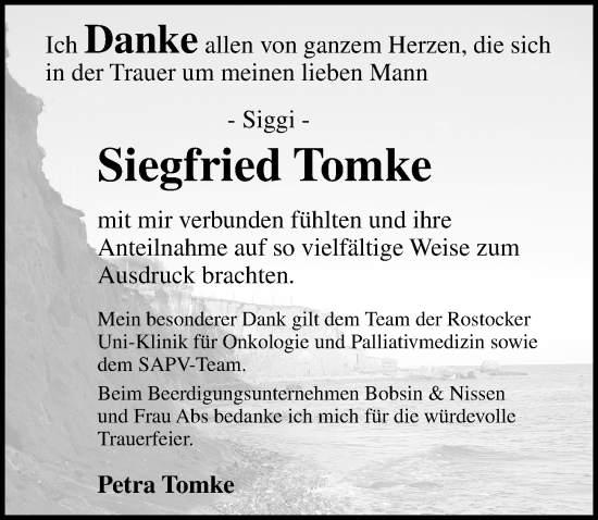 Traueranzeige von Siegfried Tomke von Ostsee-Zeitung GmbH