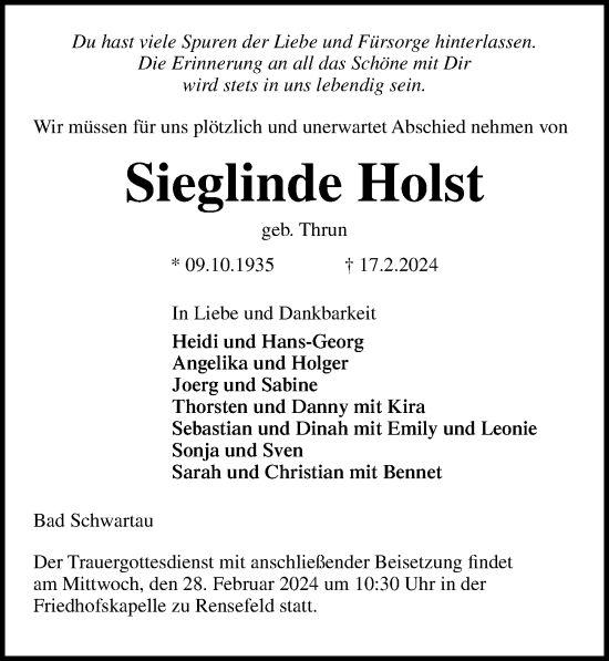 Traueranzeige von Sieglinde Holst von Lübecker Nachrichten