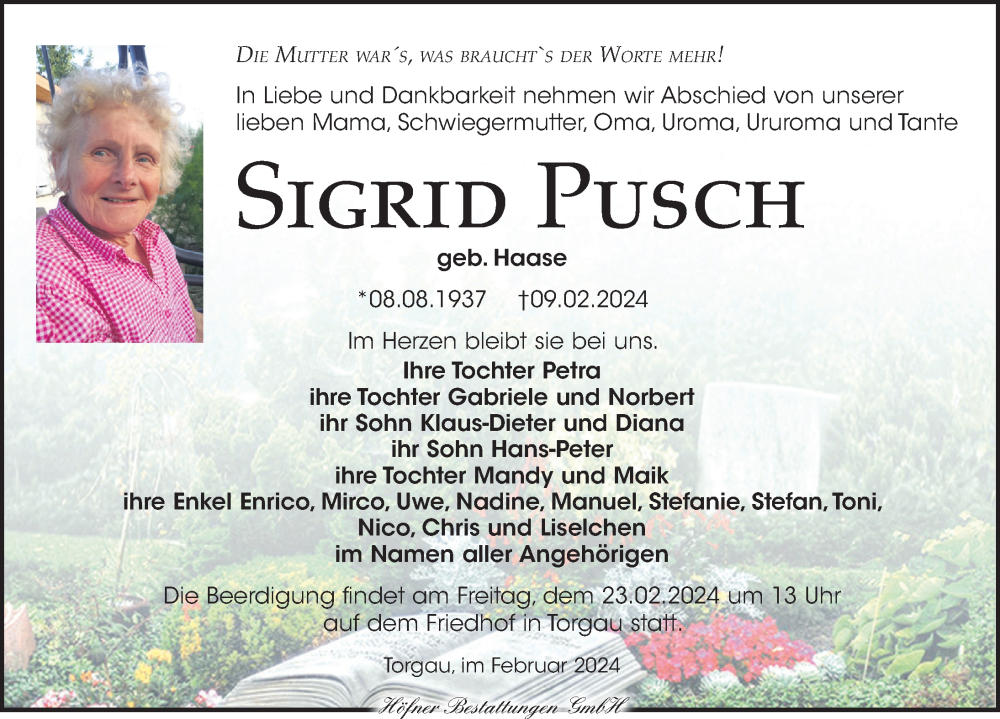  Traueranzeige für Sigrid Pusch vom 17.02.2024 aus Torgauer Zeitung