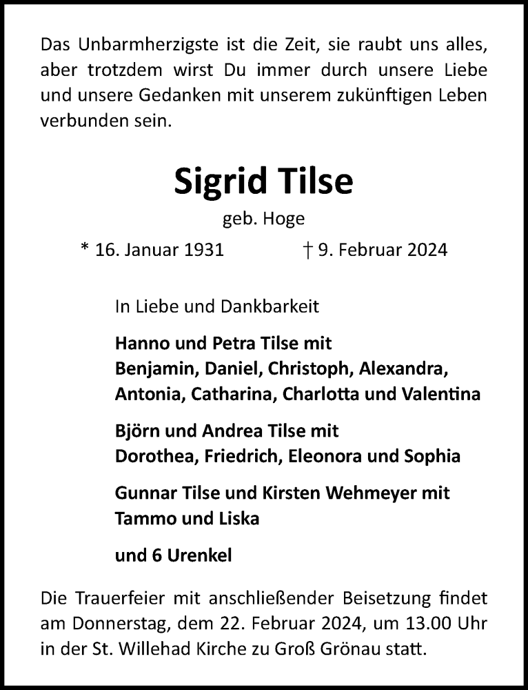  Traueranzeige für Sigrid Tilse vom 18.02.2024 aus Lübecker Nachrichten