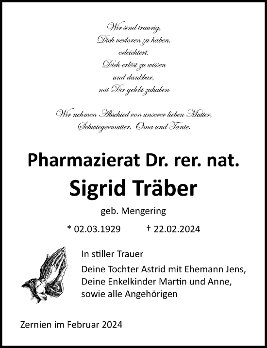 Traueranzeige von Sigrid Träber von Ostsee-Zeitung GmbH