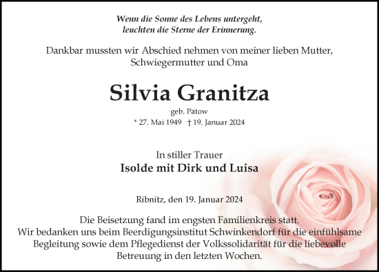 Traueranzeige von Silvia Granitza von Ostsee-Zeitung GmbH