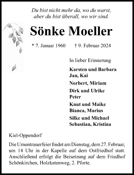 Traueranzeige von Sönke Moeller von Kieler Nachrichten