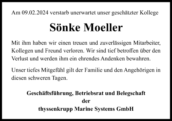 Traueranzeige von Sönke Moeller von Kieler Nachrichten